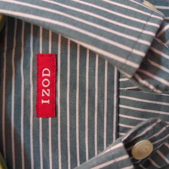 Izod Men's Long Sleeve Button Down Dress Shirt Green/White Stripe Size Medium - Picture 3 of 8